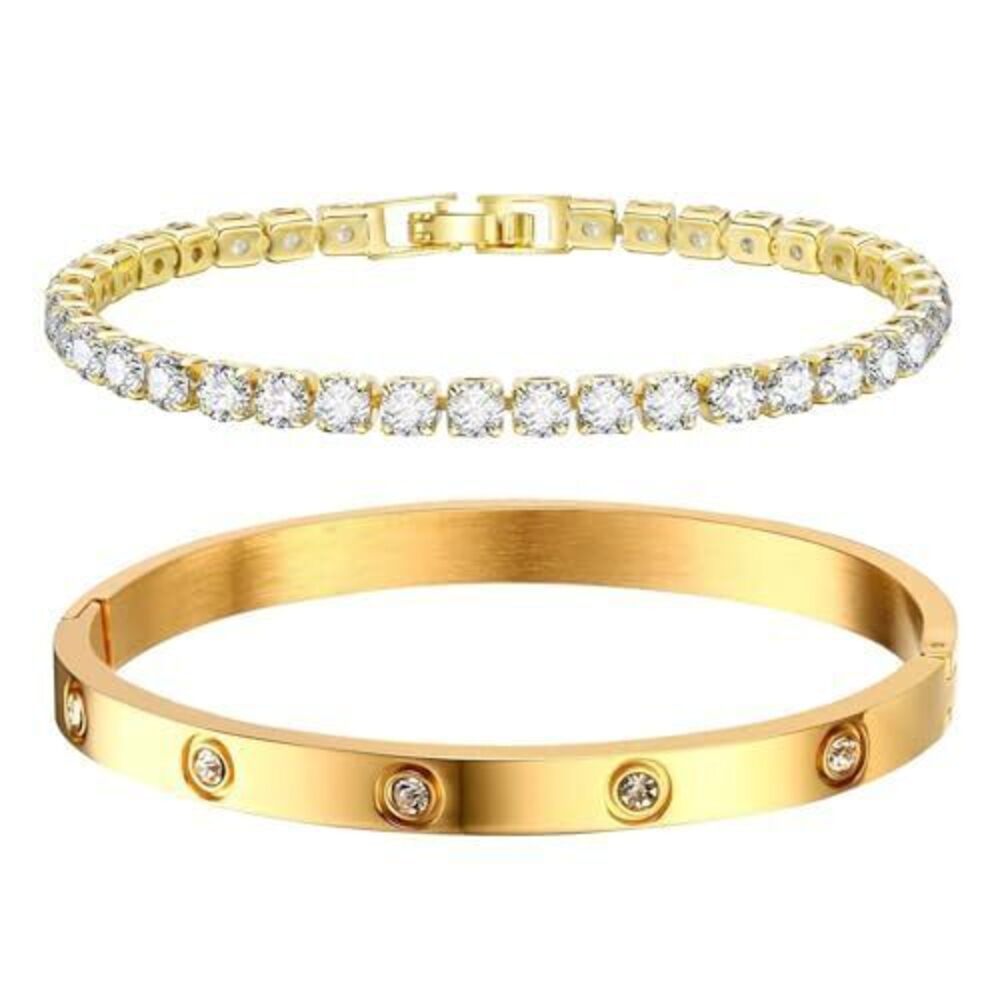 4085 Gold Bracelets , 2Pcs 18K Gold Plated Cubic Zirconia Bangle Crystal